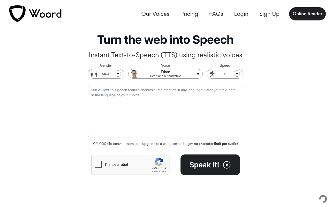 Screenshot of Woord: Realistic Text-to-Speech with Natural Voices