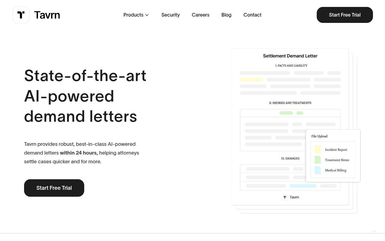 Screenshot of Tavrn AI: Revolutionizing Legal Demand Letters & Medical Chronologies