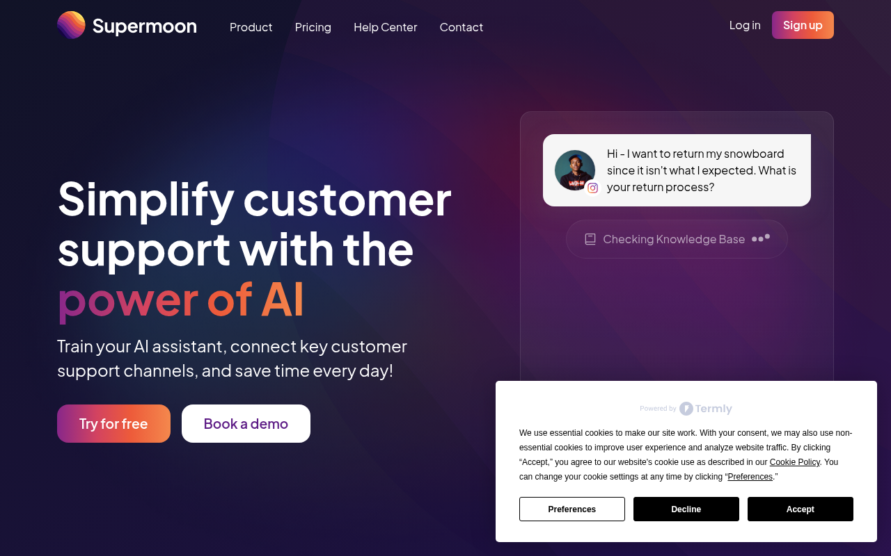 Screenshot of Supermoon Review: AI-Powered Customer Communication for E-Commerce