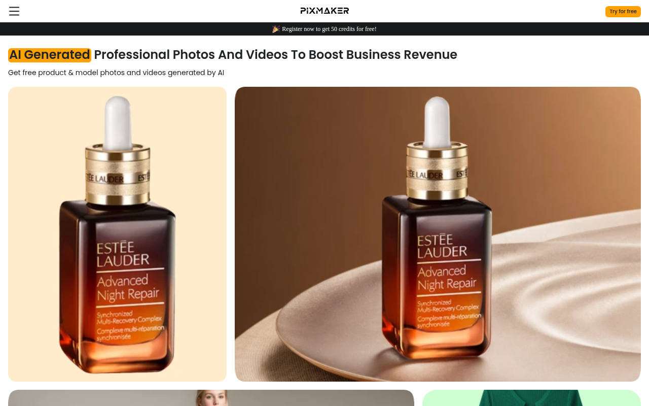 Screenshot of Pixmaker AI: Generate Stunning E-Commerce Visuals with AI