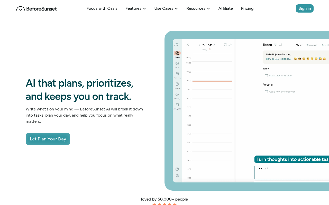Screenshot of BeforeSunset AI: Your AI-Powered Productivity Partner
