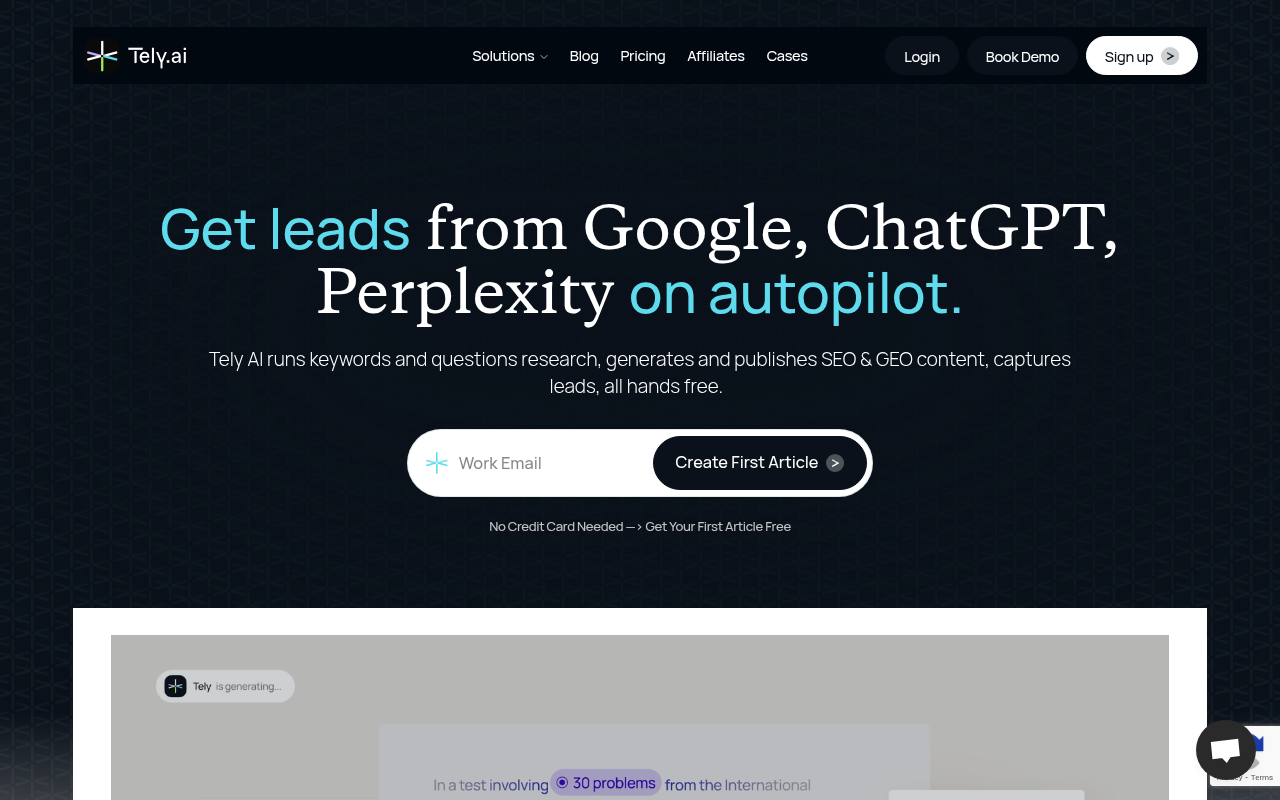 Screenshot of Tely AI: Autonomous SEO Blog Generation for Lead Generation