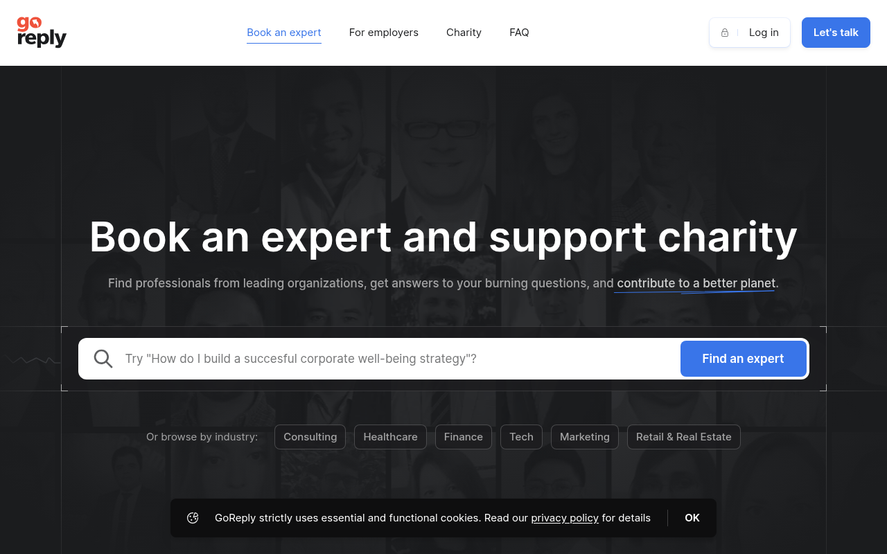 Screenshot of GoReply: Get Expert Advice & Support Charities Simultaneously