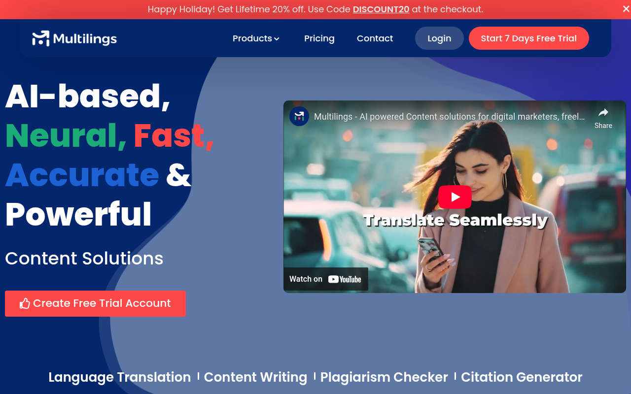 Screenshot of Multilings AI: Content Generation, Grammar Check & Plagiarism Detection