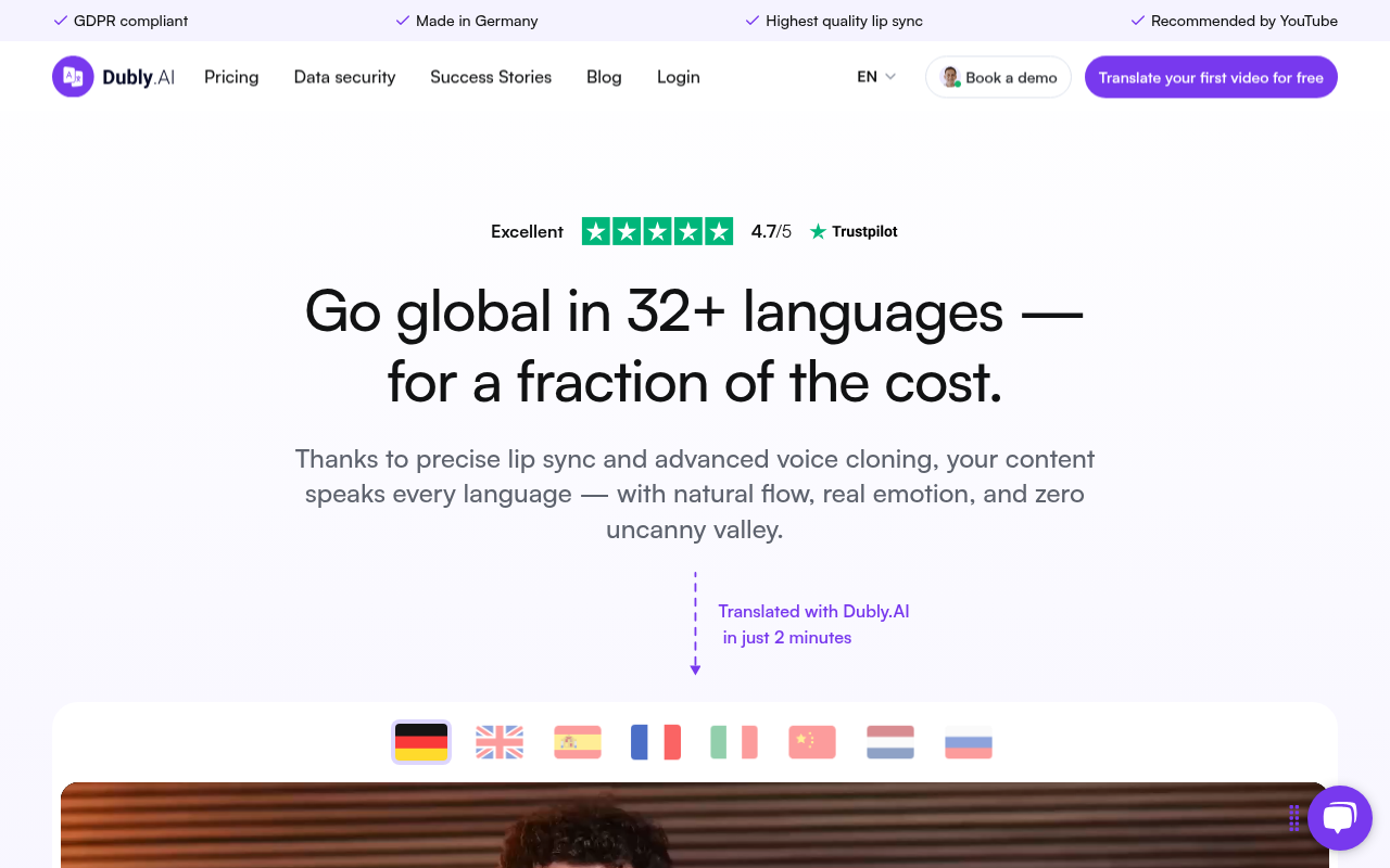 Screenshot of Dubly.AI: Authentic AI Video Translation with Your Voice