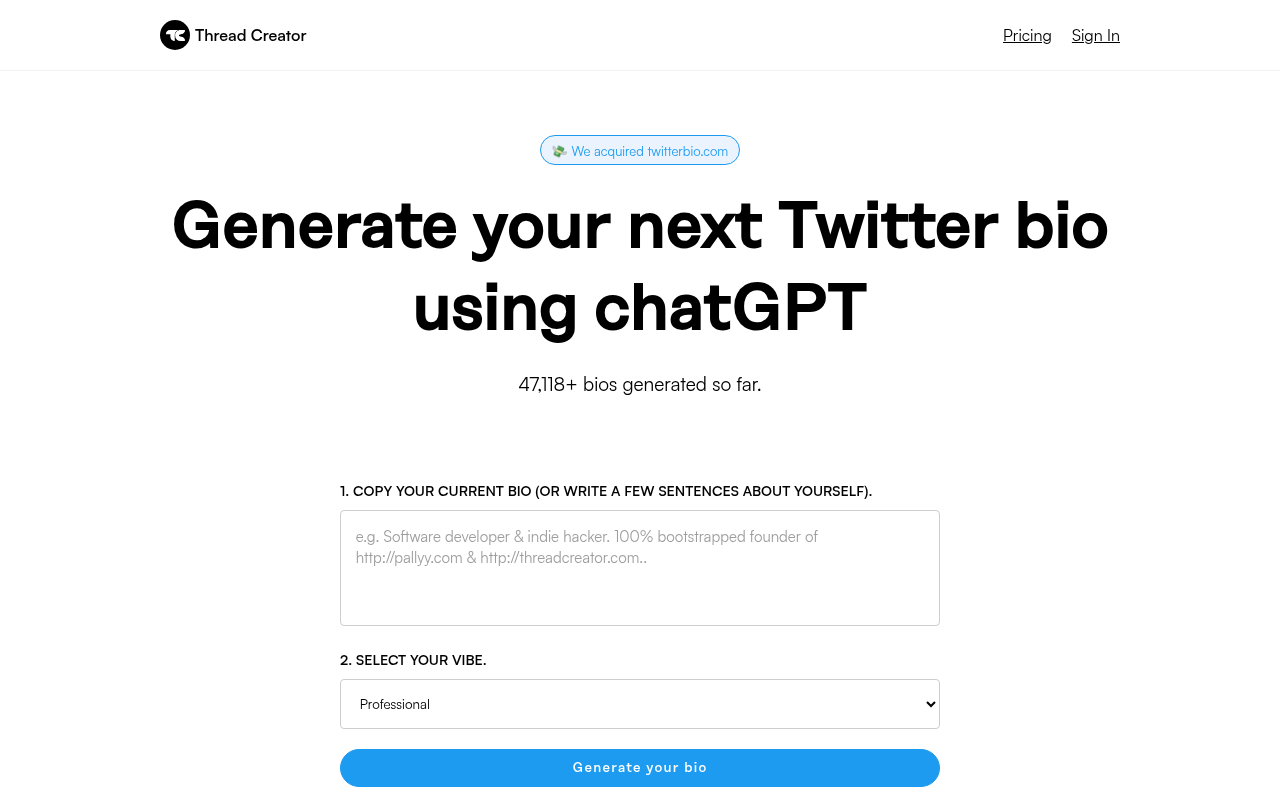 Screenshot of Craft the Perfect Twitter Bio with TwitterBio.com