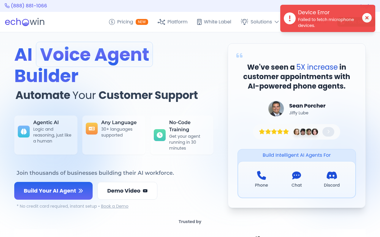 Screenshot of Echowin: Build Your 24/7 AI Voice Agent for Calls, Chat, and Discord
