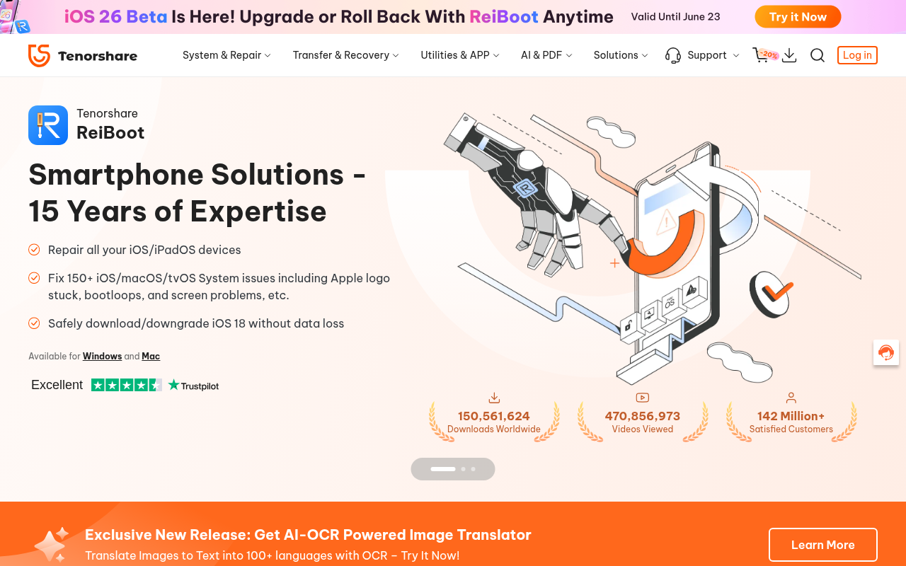 Screenshot of Tenorshare: Your Go-To for Data Recovery, System Repair, and AI-Powered PDF Editing