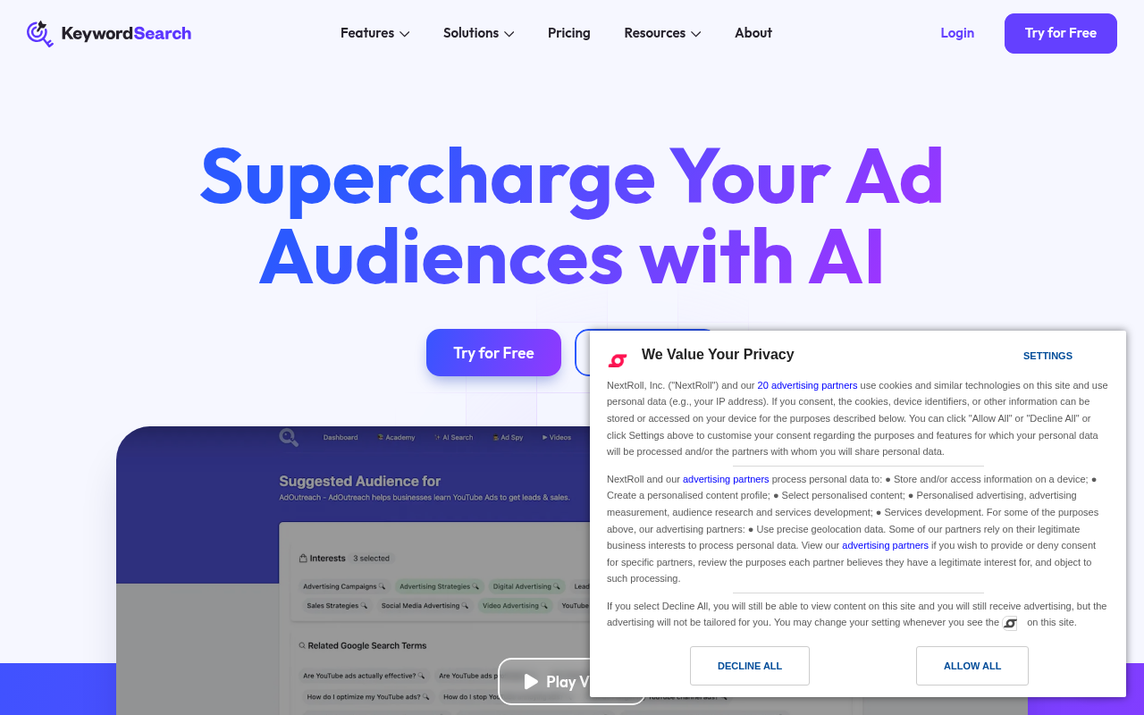 Screenshot of KeywordSearch: AI-Powered Advertising for Google & YouTube