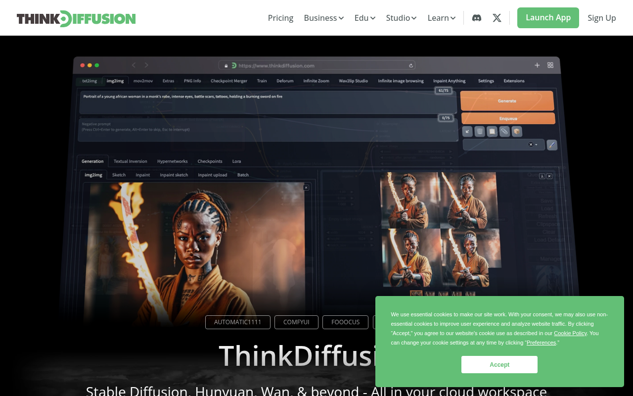 Screenshot of ThinkDiffusion: Your Personal AI Art Lab in the Cloud