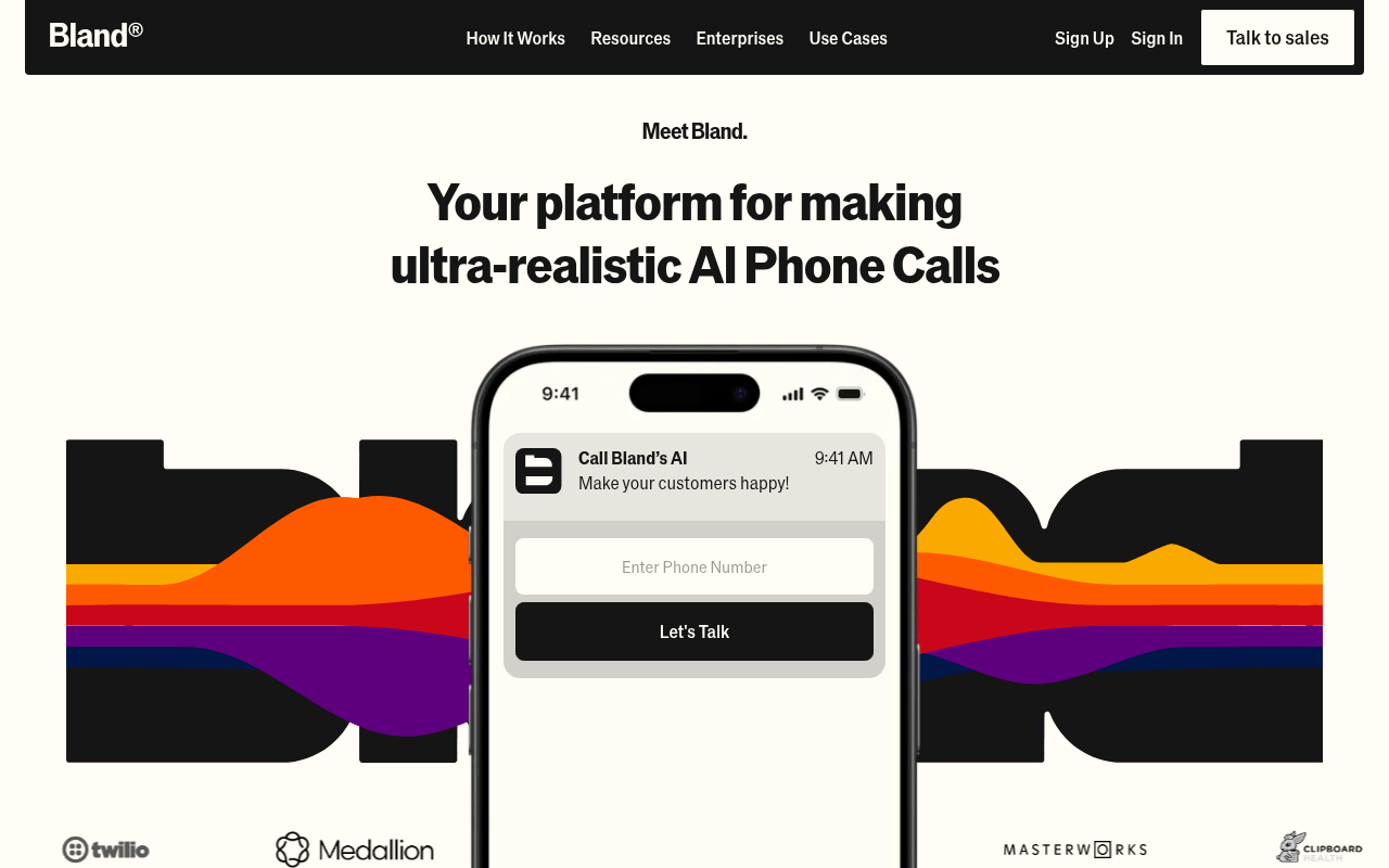 Screenshot of Bland AI: Revolutionizing Enterprise Communication with AI Phone Calls