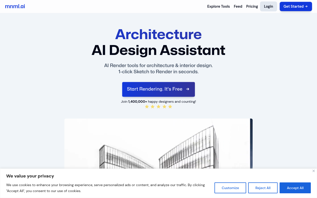 Screenshot of mnml.ai: AI-Powered Design Rendering for Architects & Interior Designers