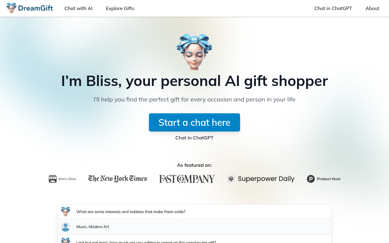 Screenshot of DreamGift: Your AI-Powered Gift-Finding Assistant