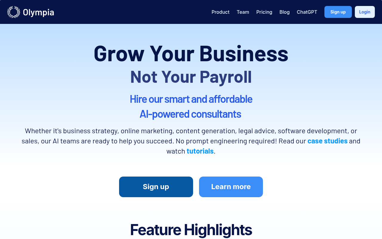 Screenshot of Olympia AI: Your On-Demand AI Business Consultants