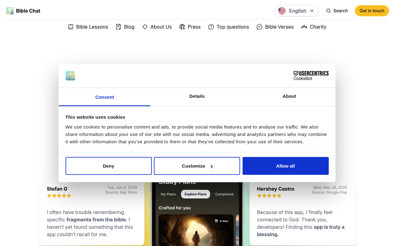 Screenshot of TheBibleChat.com: AI-Powered Guidance for Faith and Life's Challenges