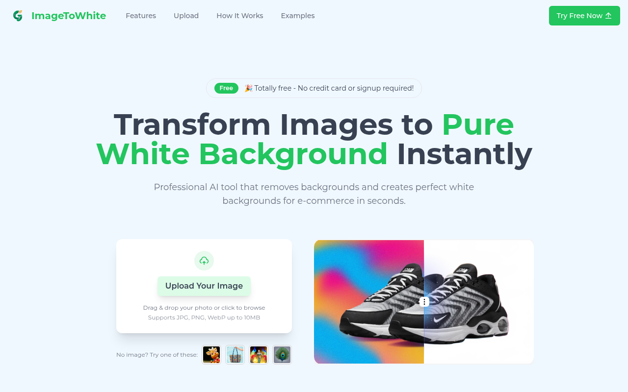 Screenshot of Effortless White Backgrounds: A Review of ImageToWhite