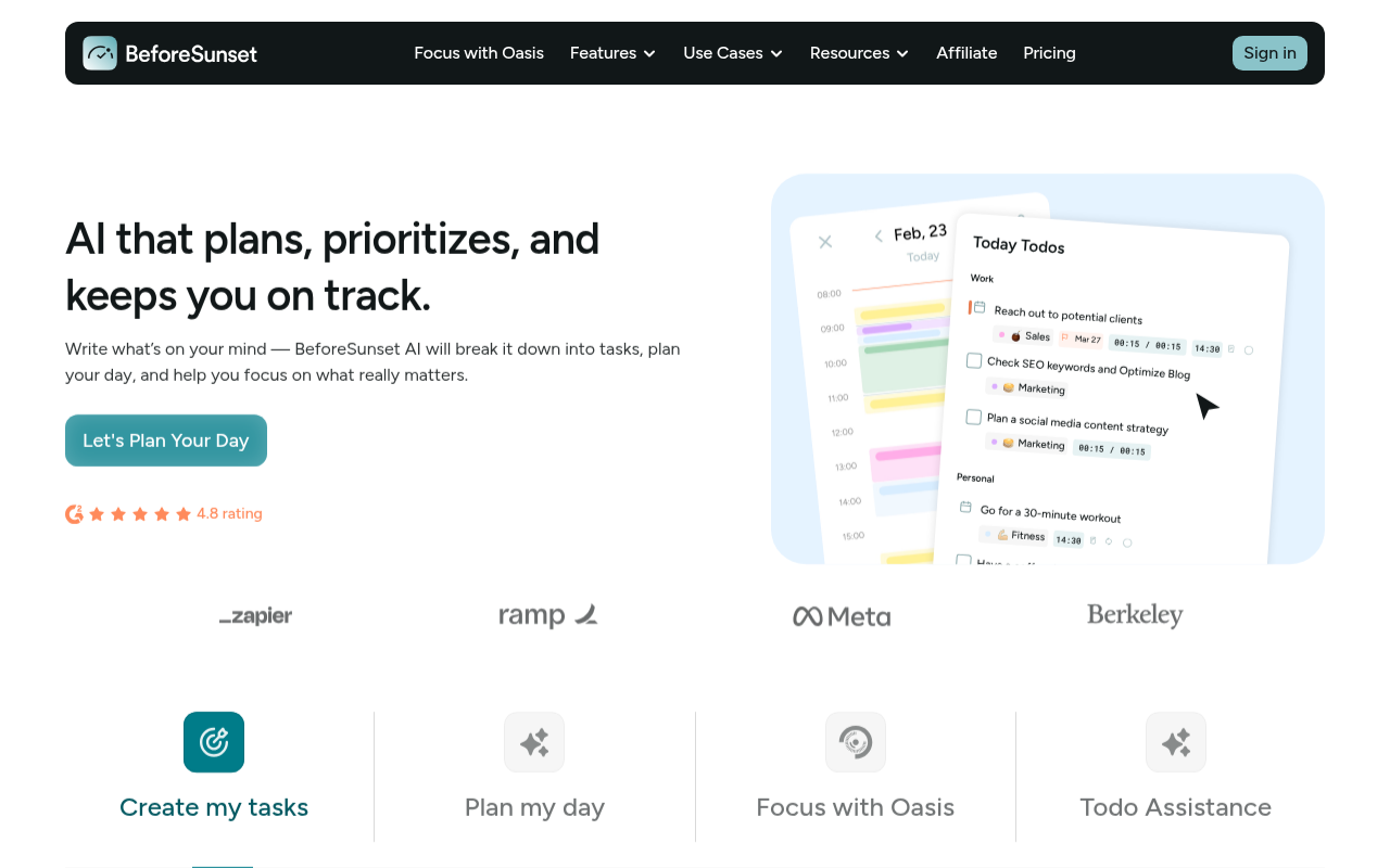 Screenshot of BeforeSunset AI: Your AI-Powered Path to Peak Productivity