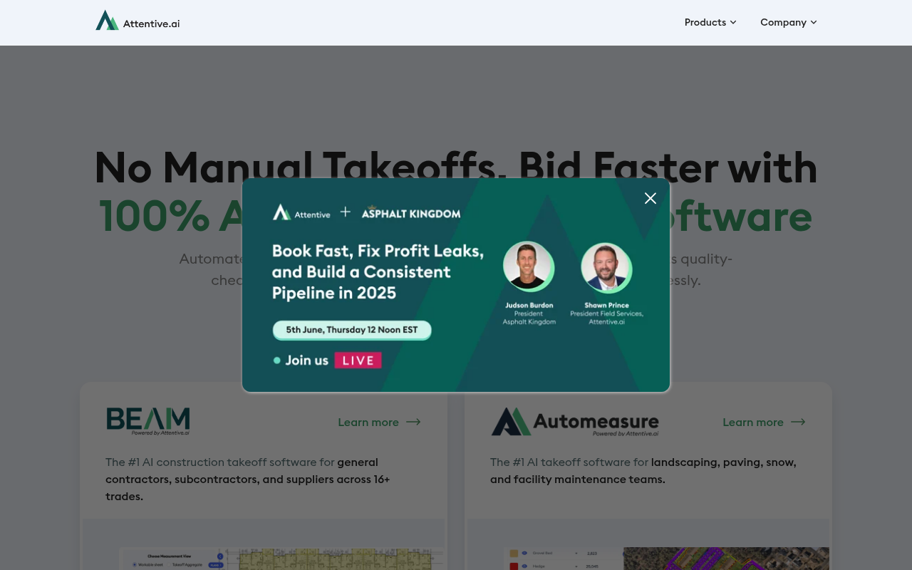 Screenshot of Attentive.ai: AI-Powered Takeoffs for Construction & Landscaping