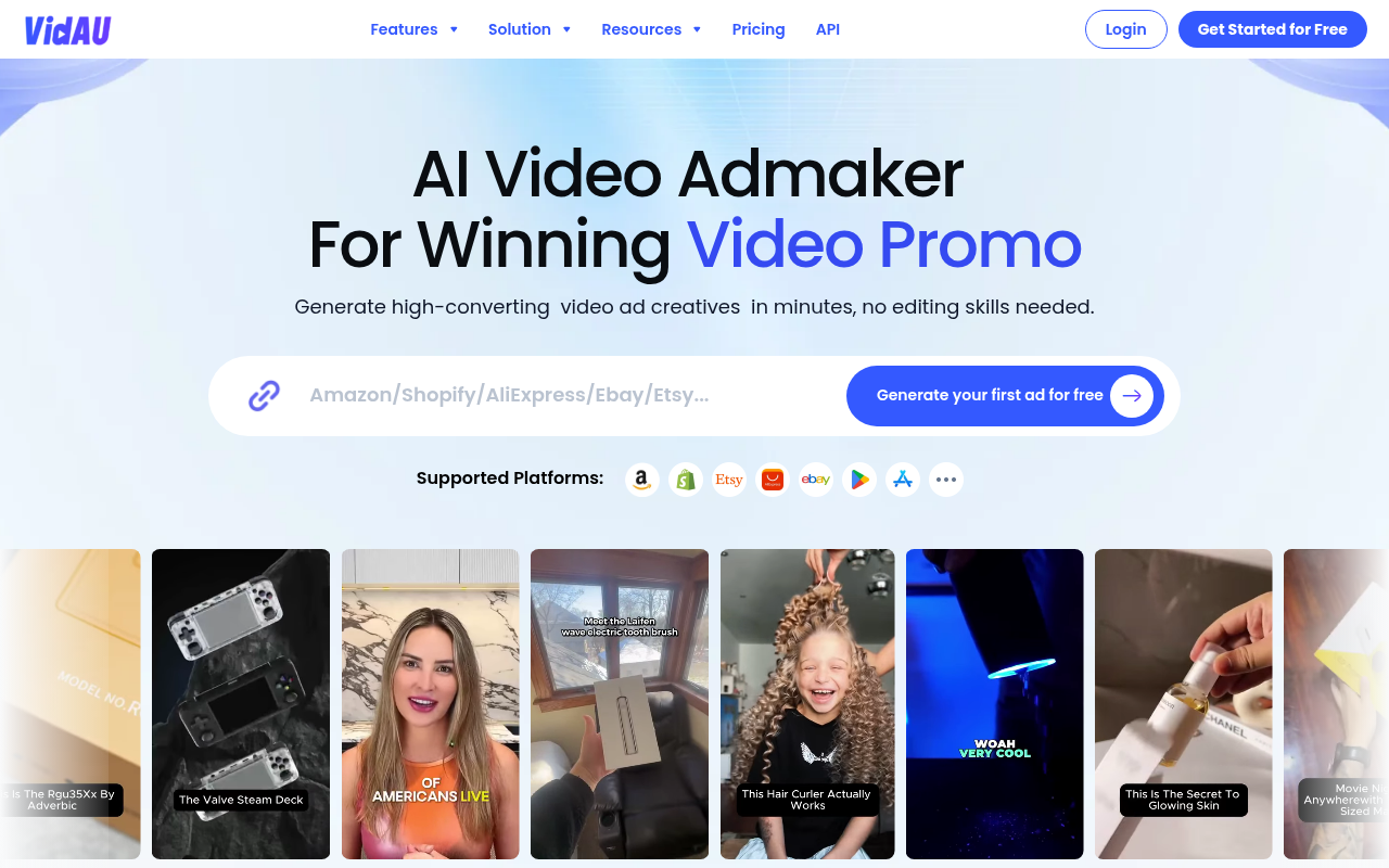 Screenshot of VidAU AI: Effortless Video Ad Creation for E-commerce