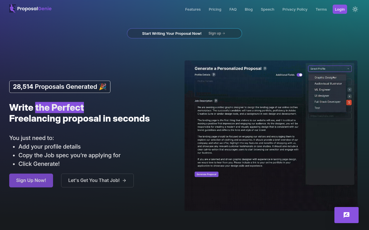 Screenshot of Proposal Genie: AI-Powered Freelance Proposal Generation