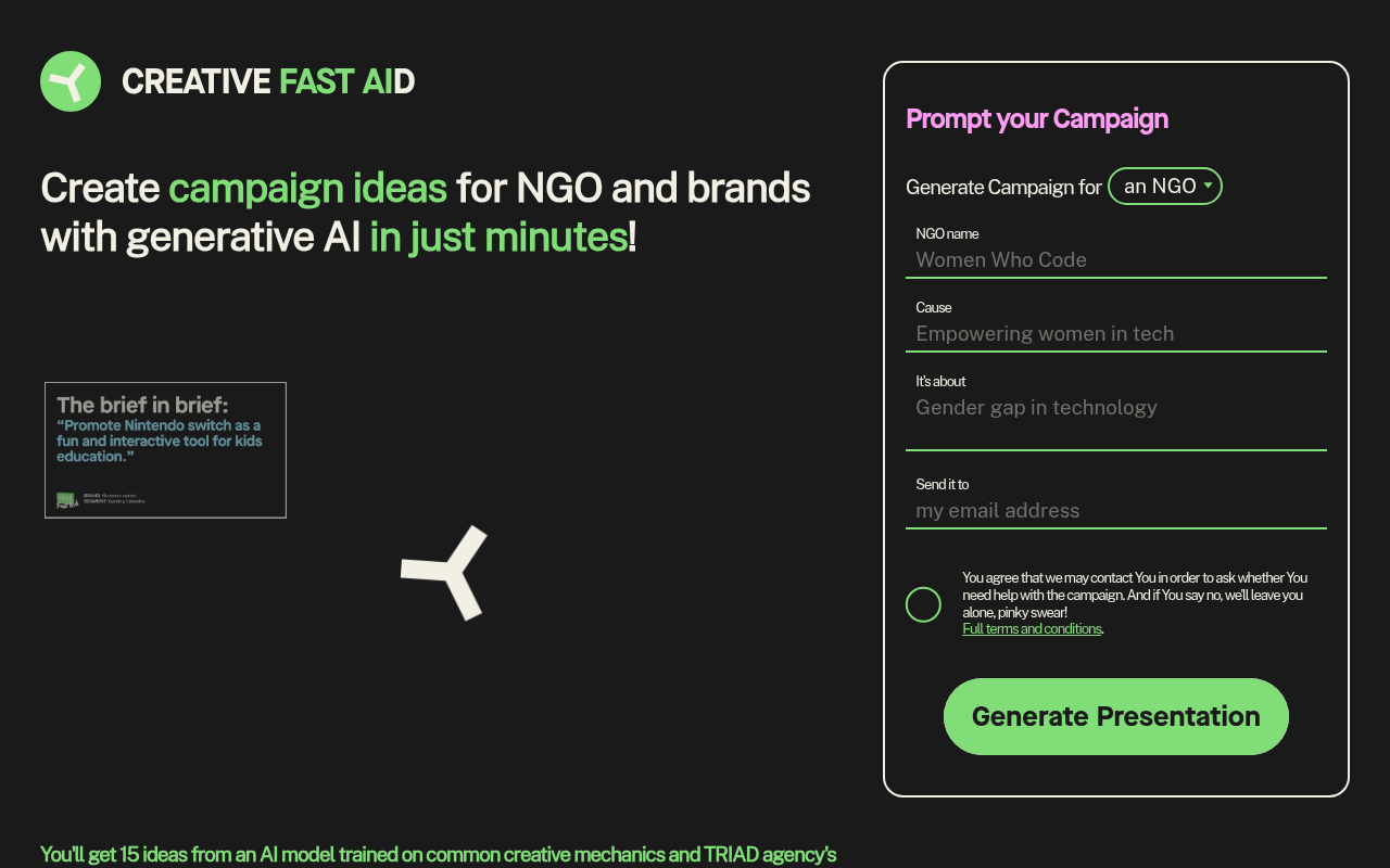 Screenshot of TRIAD Creative Fast AID: AI-Powered Idea Generation for NGOs and Brands