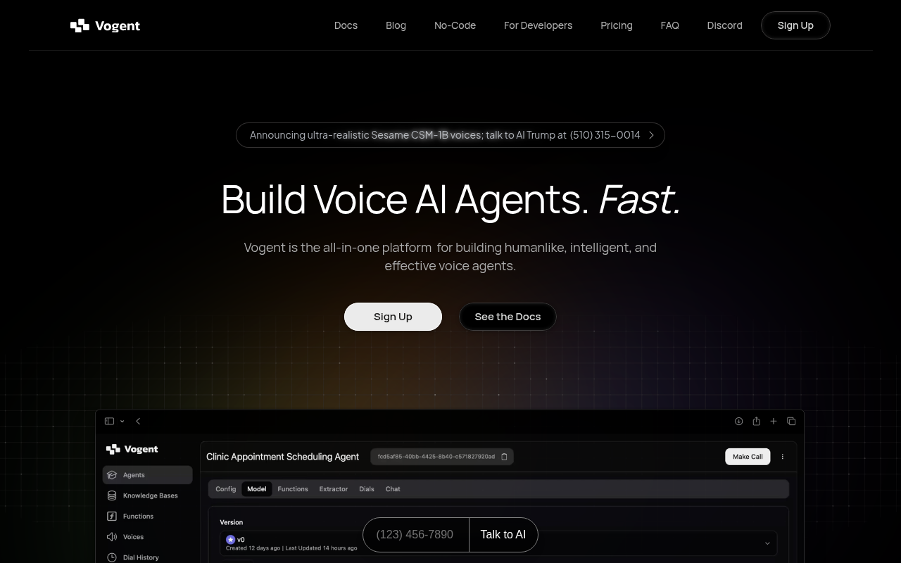 Screenshot of Vogent AI Voice Agents: Build, Test, & Deploy