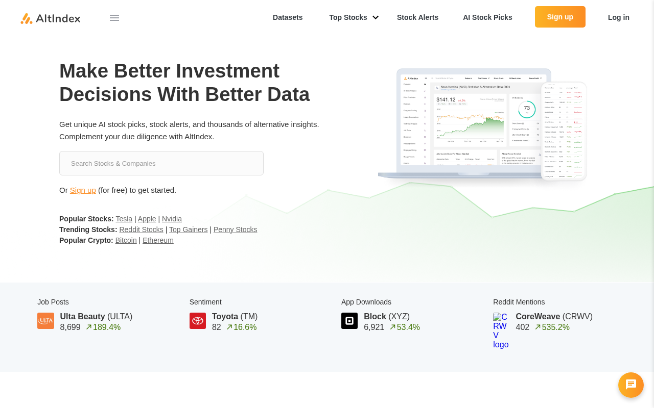Screenshot of AltIndex: AI-Powered Alternative Data for Smarter Investing