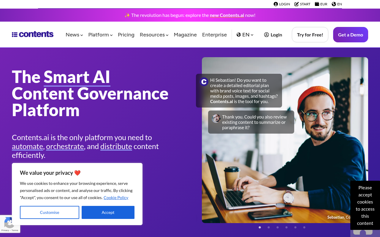 Screenshot of Contents.com: Supercharge Your Content with AI