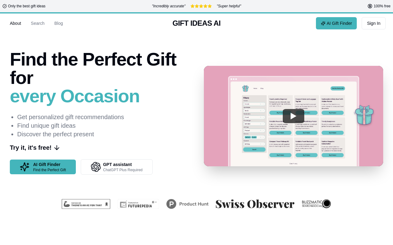Screenshot of AI Gift Ideas: Your Personalized Gift Solution