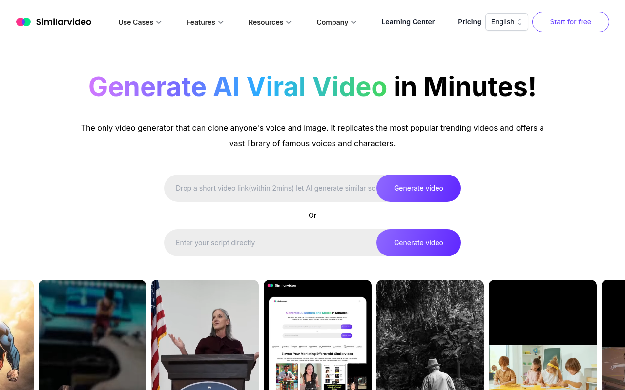 Screenshot of Similarvideo.ai: AI-Powered Viral Video Creation for TikTok & YouTube Shorts