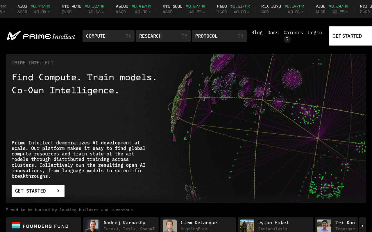 Screenshot of Prime Intellect: Democratizing AI Development at Scale