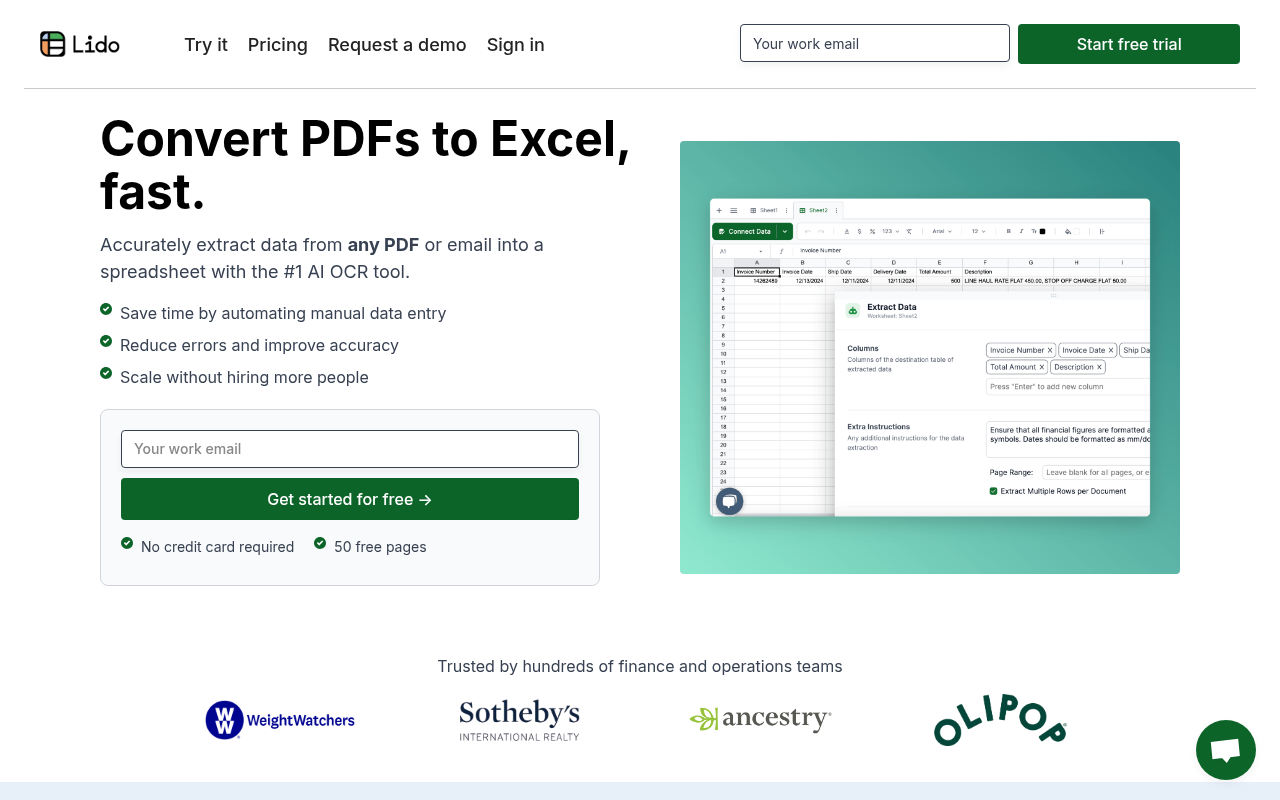 Screenshot of Lido Review: AI-Powered PDF to Excel Conversion Made Easy