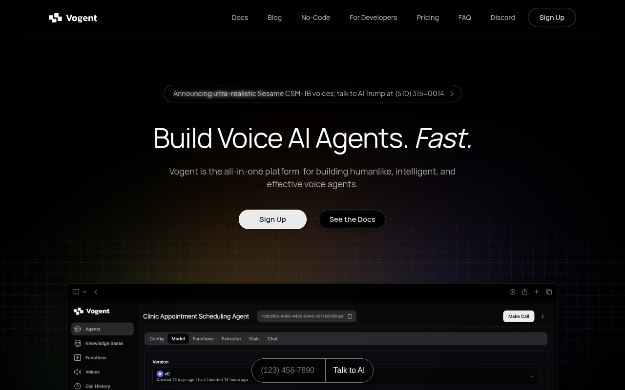 Screenshot of Vogent AI: Revolutionizing Voice Agents for Business