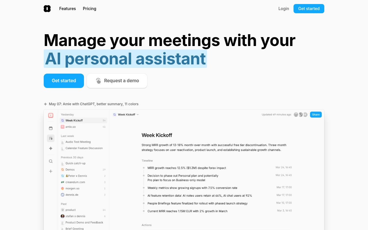 Screenshot of Amie: Your AI-Powered Meeting and Workflow Assistant