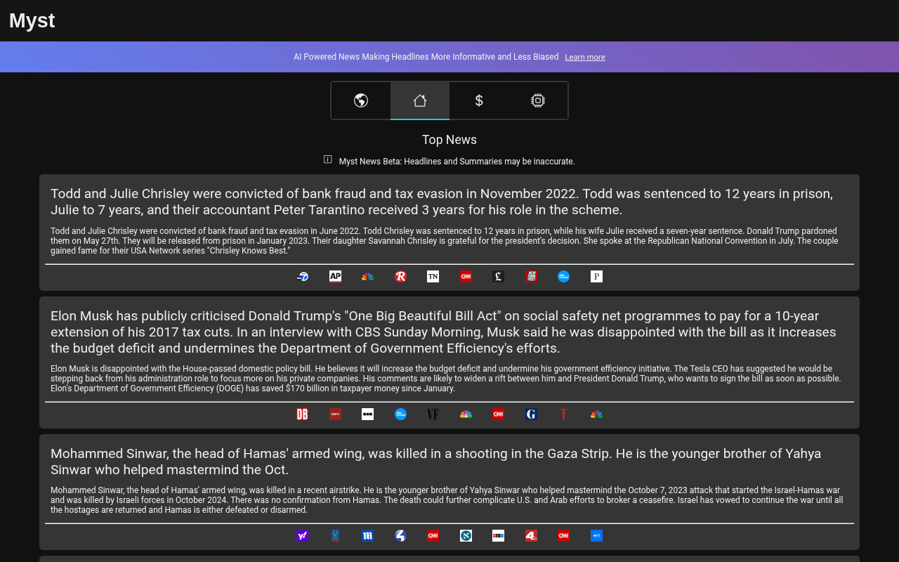 Screenshot of Myst News: AI-Powered, Unbiased Headline News