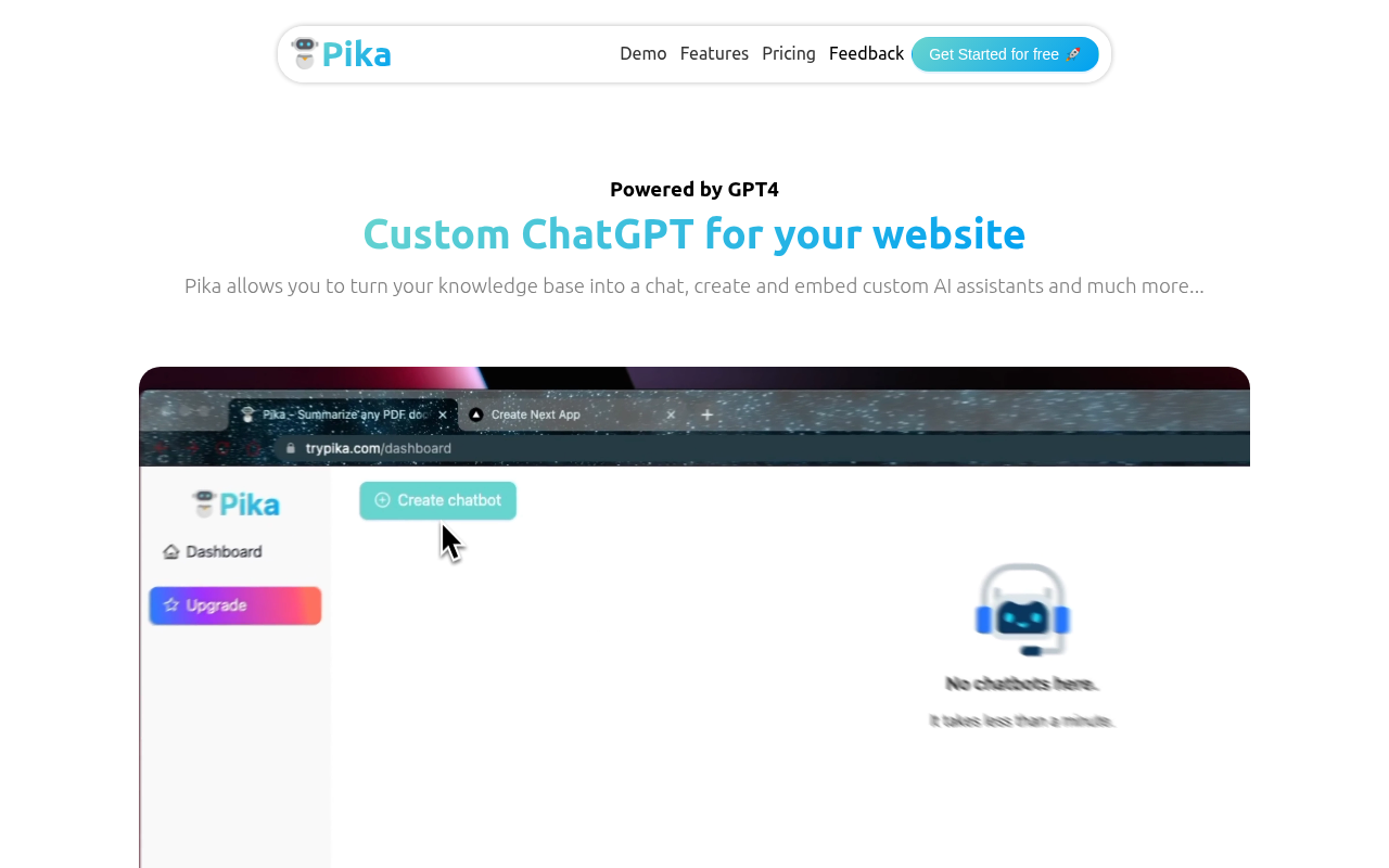 Screenshot of Pika: AI Chatbots for Your Website's Knowledge Base
