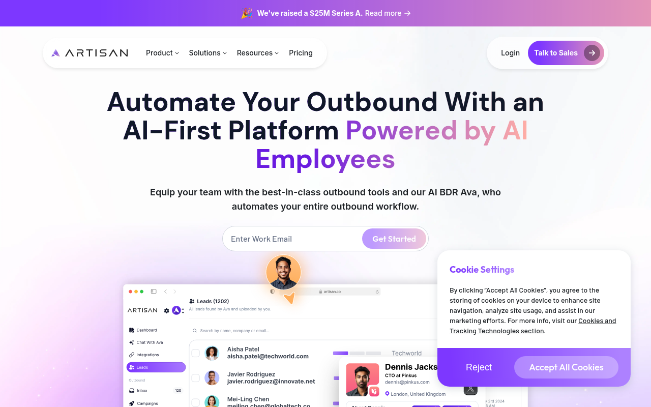 Screenshot of Artisan AI: Revolutionizing Outbound Sales with AI BDRs
