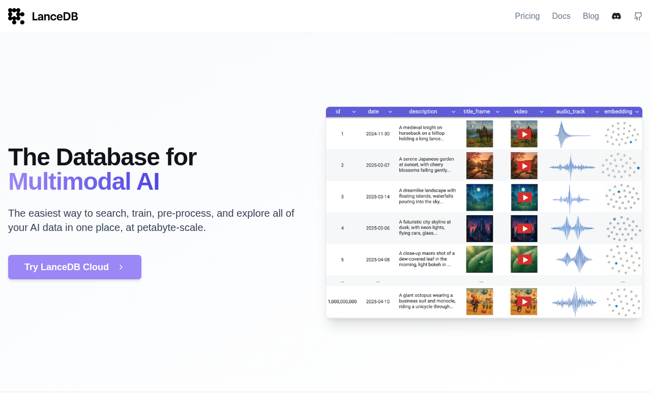 Screenshot of LanceDB: The AI-Native Database Powering Multimodal Applications