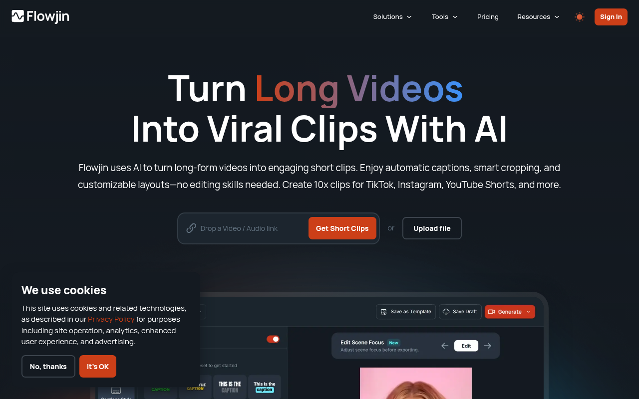 Screenshot of Flowjin: AI-Powered Video Clipping for Social Media Domination