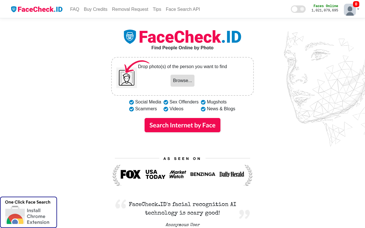 Screenshot of FaceCheck.ID: Find Anyone Online with Facial Recognition Search