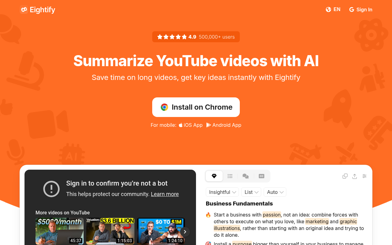Screenshot of Eightify: AI-Powered YouTube Video Summarization