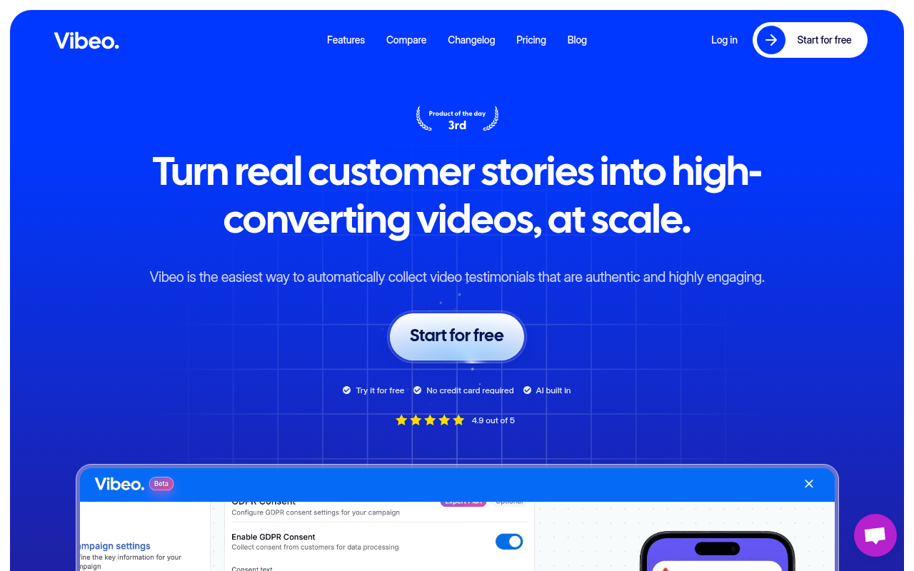 Screenshot of Vibeo.ai: AI-Powered Video Testimonial Software for Effortless Marketing
