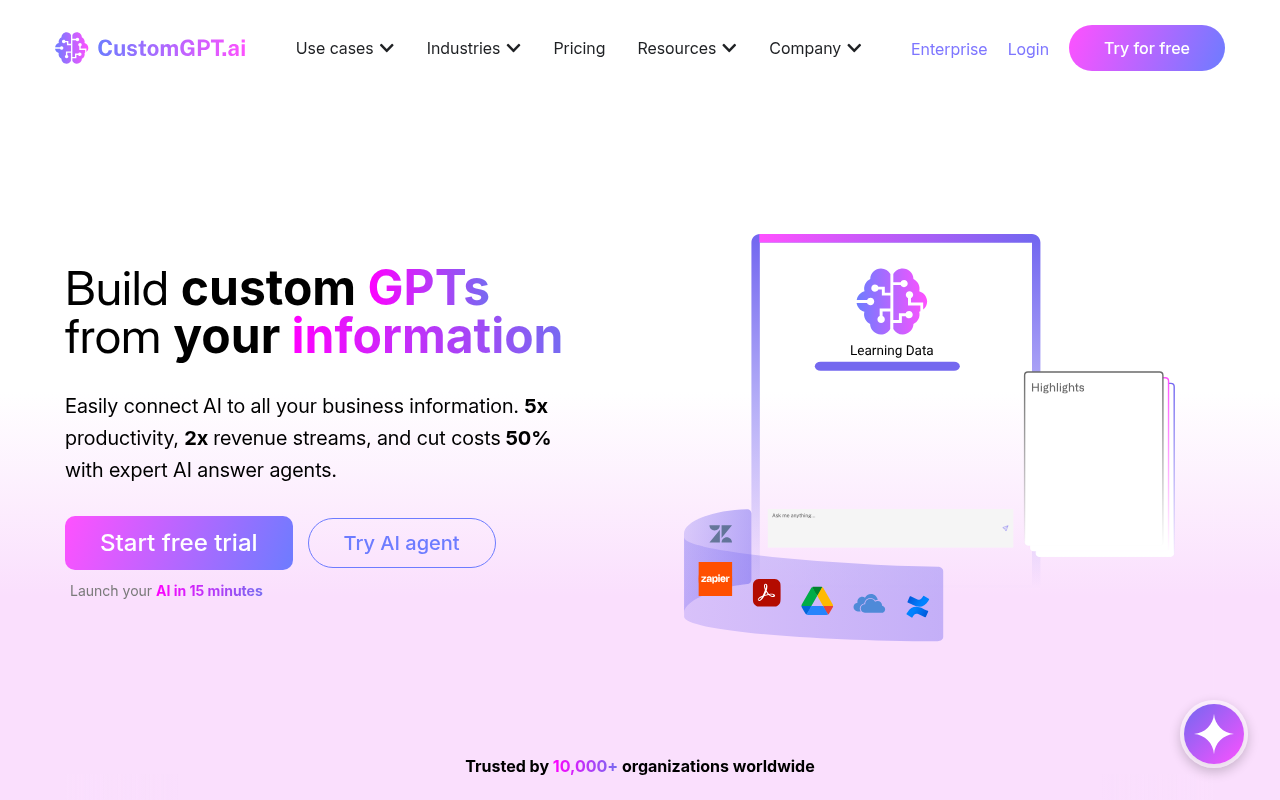 Screenshot of CustomGPT.ai: Build AI Assistants with Your Own Data