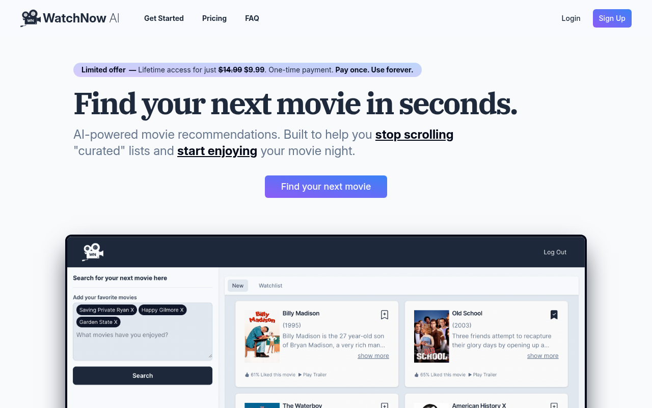Screenshot of WatchNow AI: Your Personalized AI Movie Recommendation Engine