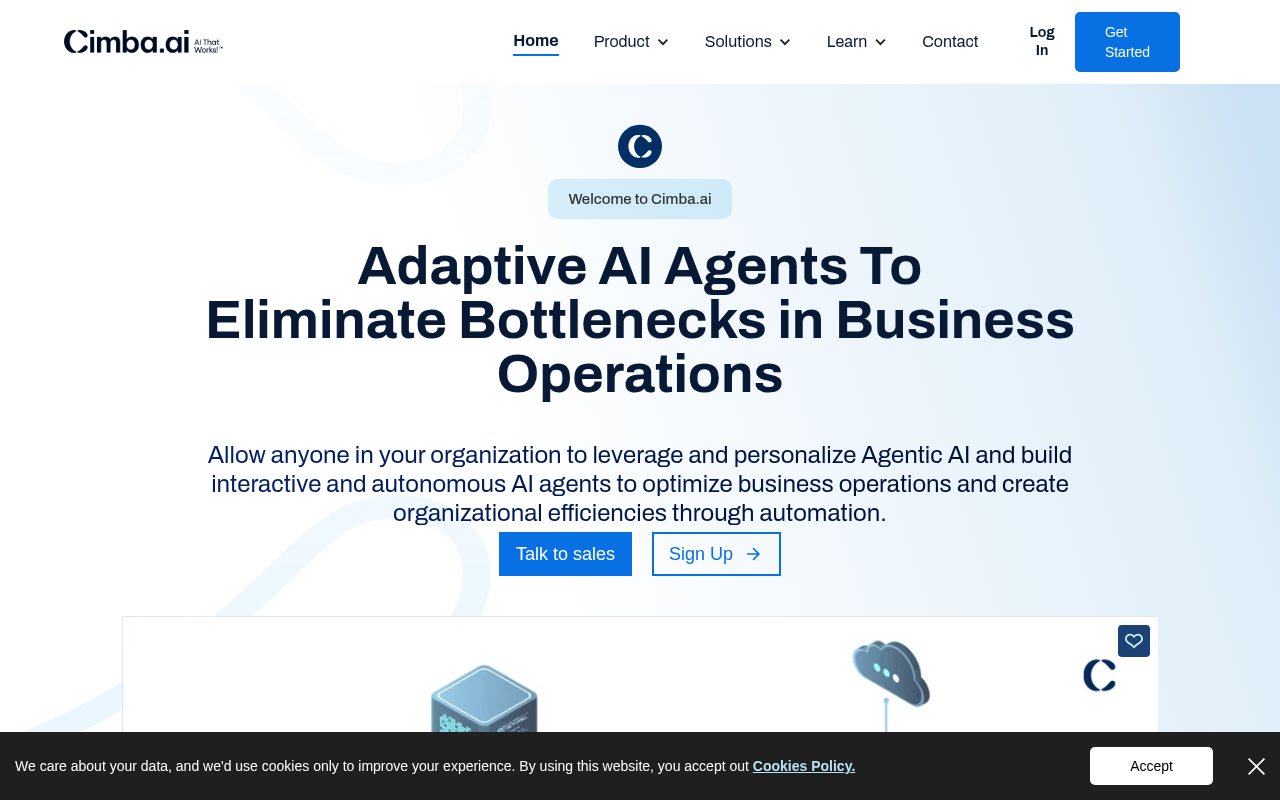 Screenshot of Cimba AI: Build Custom AI Analytics Agents for Your Business