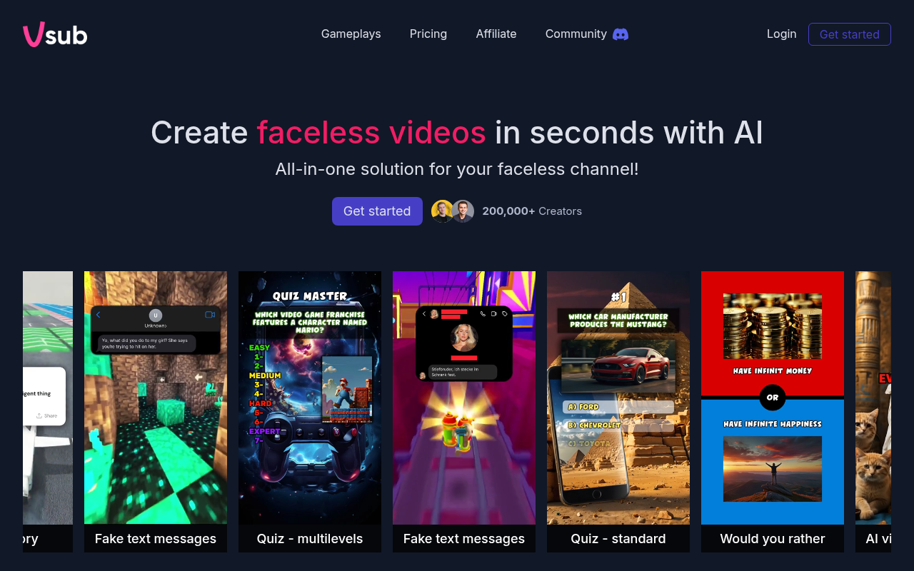 Screenshot of Vsub AI: Automate Faceless Video Creation