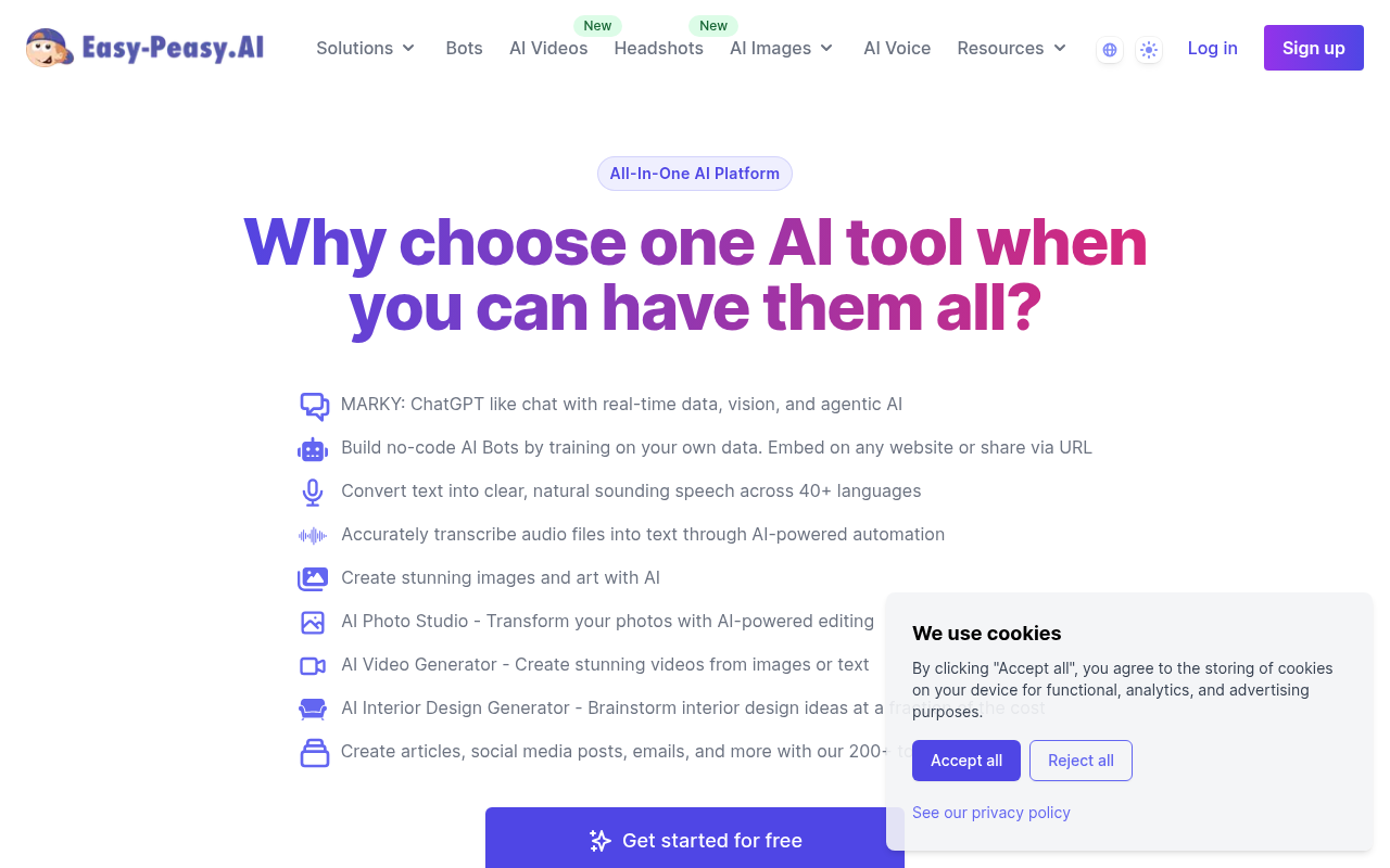 Screenshot of Easy-Peasy.AI: Your AI Powerhouse for Content, Images, Audio, and More