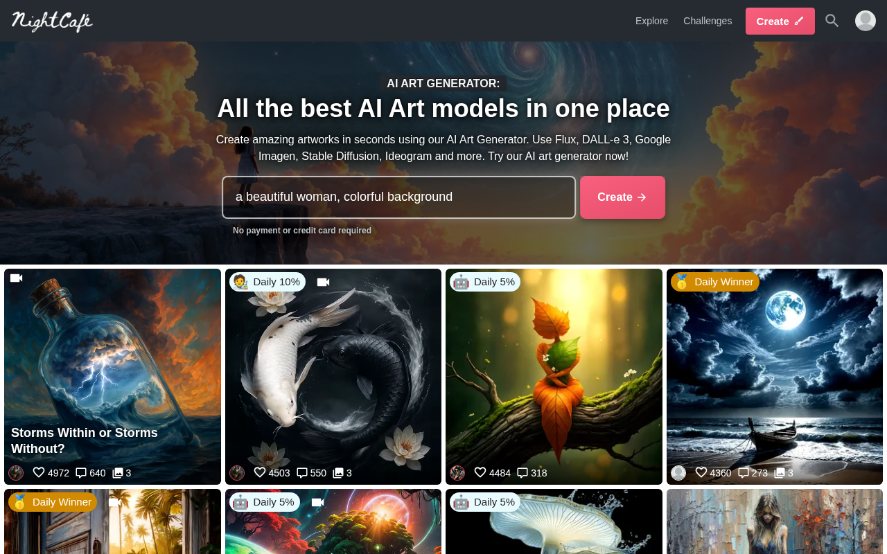 Screenshot of NightCafe Creator: Your AI Art Studio in the Cloud