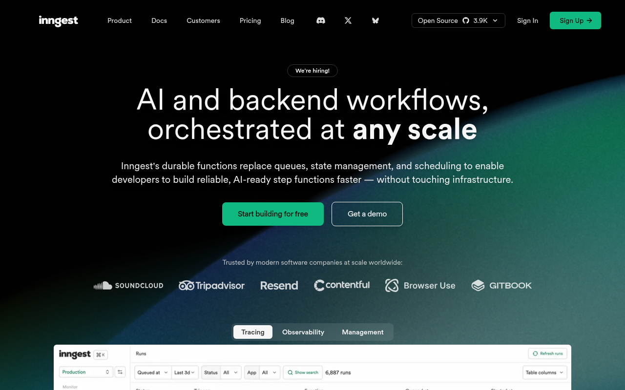 Screenshot of Inngest: Streamline Backend Workflows with AI-Powered Orchestration