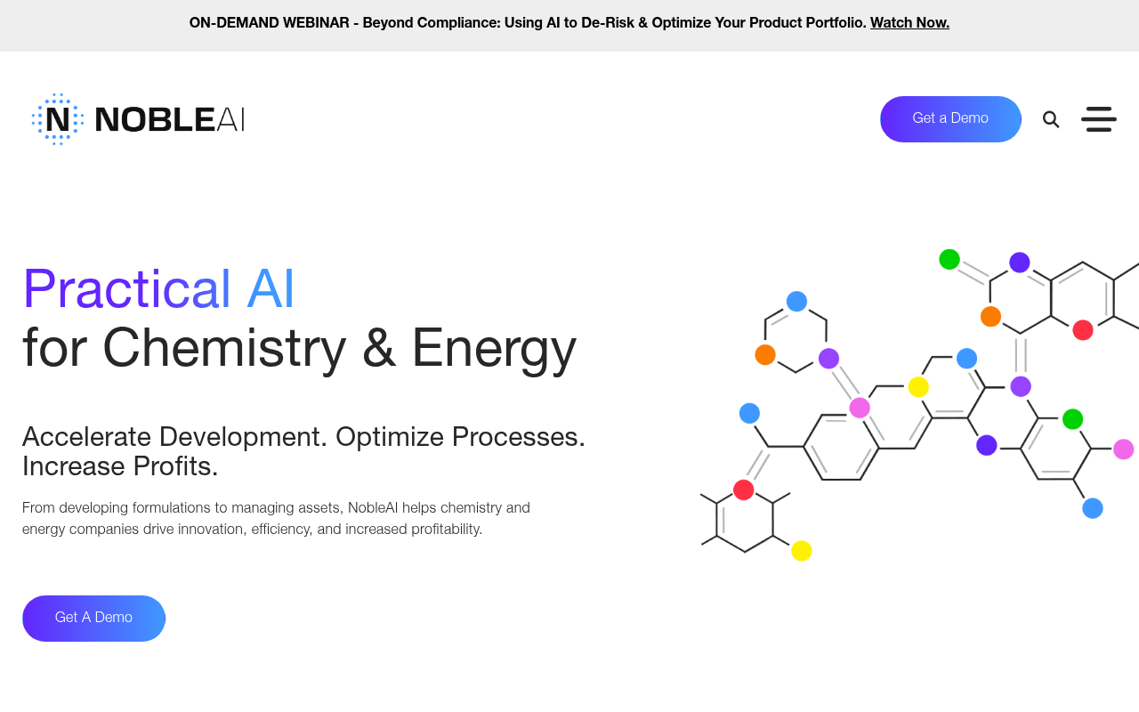 Screenshot of NobleAI: Accelerating Chemical & Energy Innovation with Science-Based AI